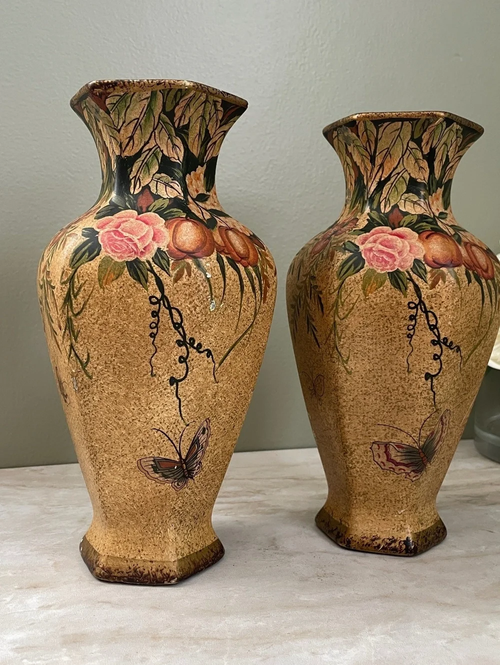 Vintage Nantucket Ceramic Vase Pair | Hand Painted Floral Butterfly
